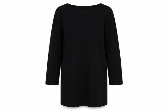 Front view of SHEIN women’s black polyester a-line, size M, boat neck pullover