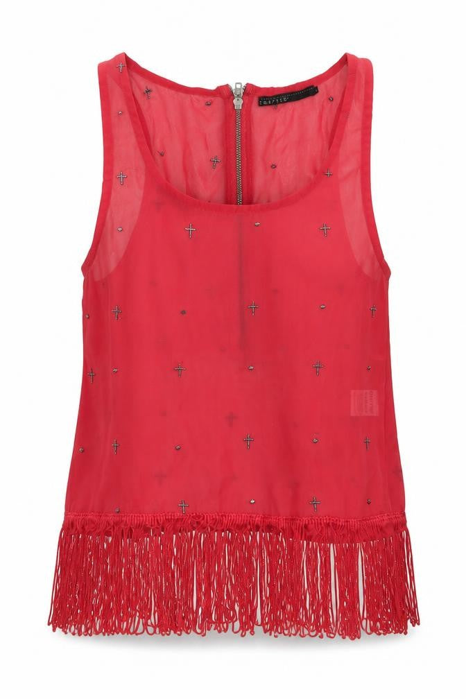 Front view of Crafted women’s pink geometric polyester basic tank, size UK 10, scoop neck