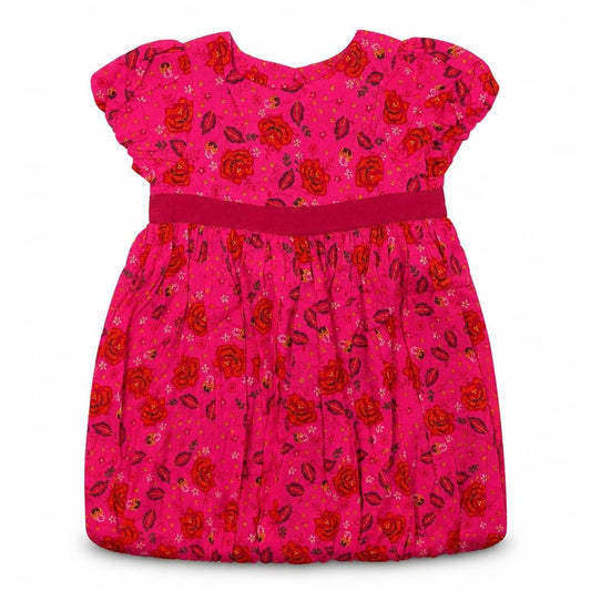 Front view of Mini Club girls’ pink floral cotton a-line, size 2, years crew neck button