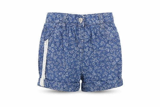 Front view of Matalan girls’ blue floral cotton cropped jeans, size 12-18, months button