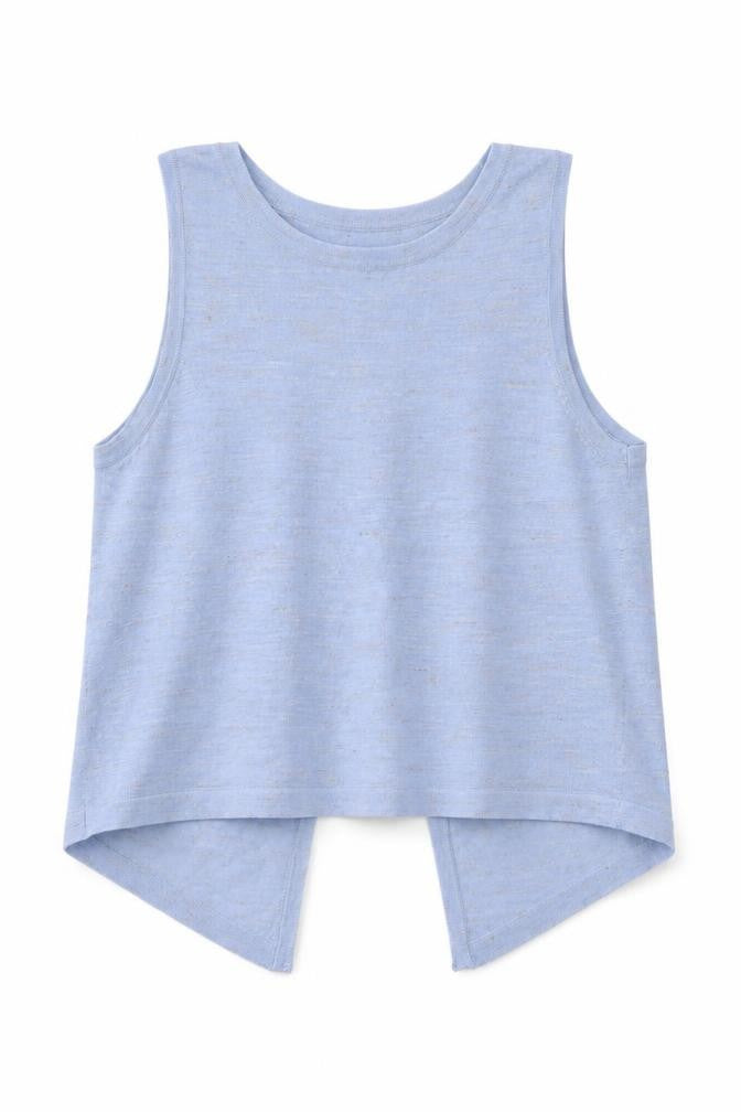 Front view of River Island women’s blue acrylic basic tank, size UK 6, round neck - open back