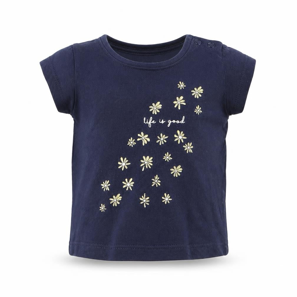 Front view of Primark girls’ blue cotton basic t-shirt, size 0-3, months round neck pullover - life is good