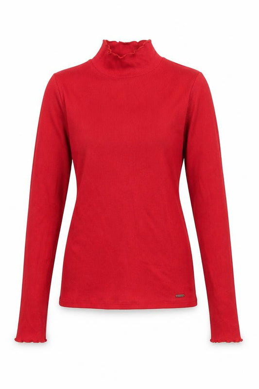Front view of Hollister women’s red cotton basic t-shirt, size S, high neck