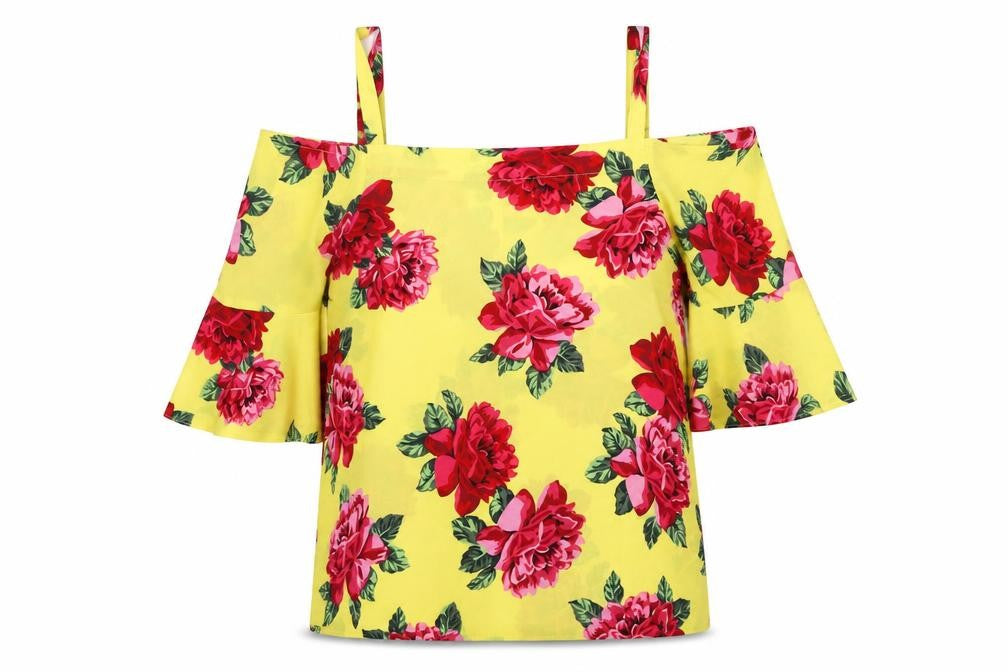 Front view of Doroth women’s yellow floral polyester basic blouse, size UK 12, off the shoulder
