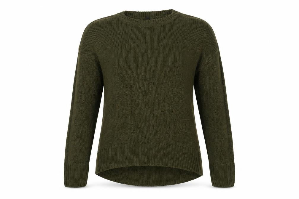 Front view of New Look women’s green crew neck acrylic jumper, size M
