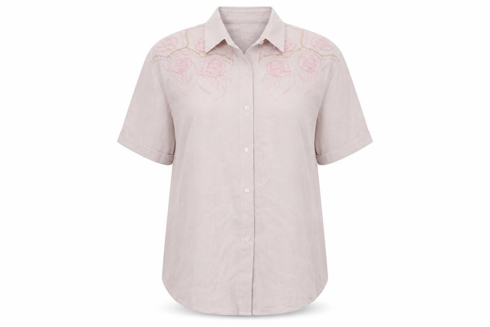 Front view of Raam women’s pink floral cotton basic button-up, size XL, collared