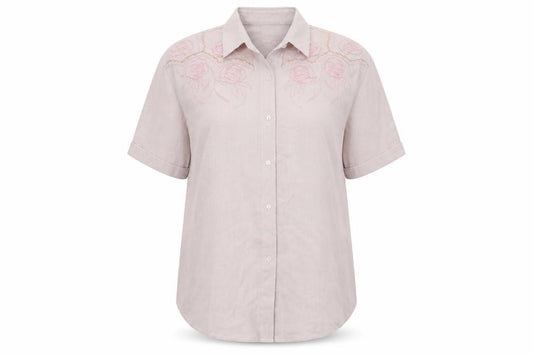 Front view of Raam women’s pink floral cotton basic button-up, size XL, collared