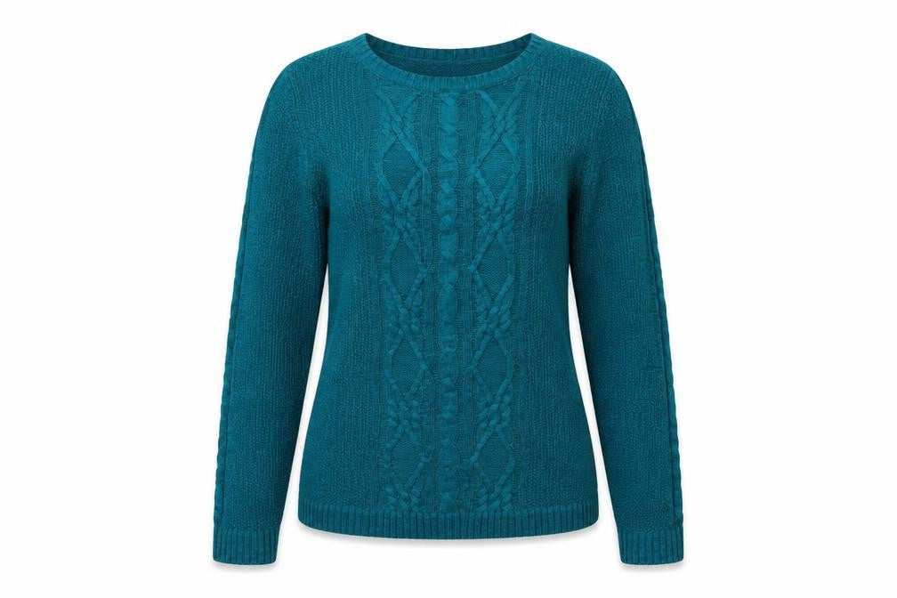 Front view of Bonmarché women’s green crew neck acrylic jumper, size S