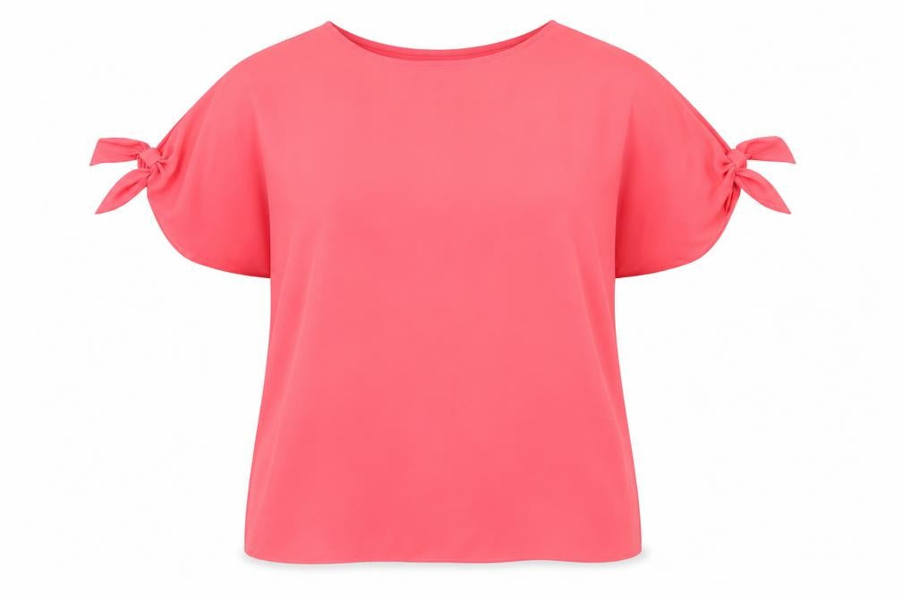Front view of Peacocks women’s pink polyester basic blouse, size UK 14, round neck