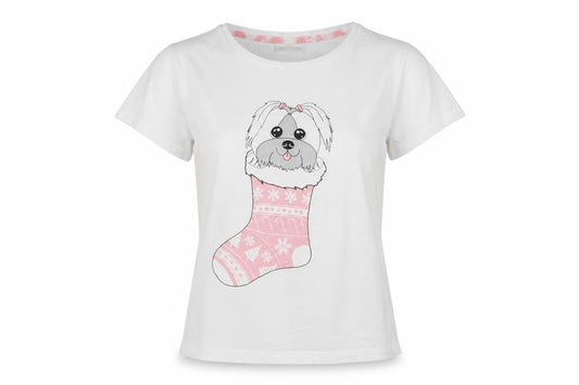 Front view of Brave Soul women’s white animal print cotton top pyjama top, size S, - christmas