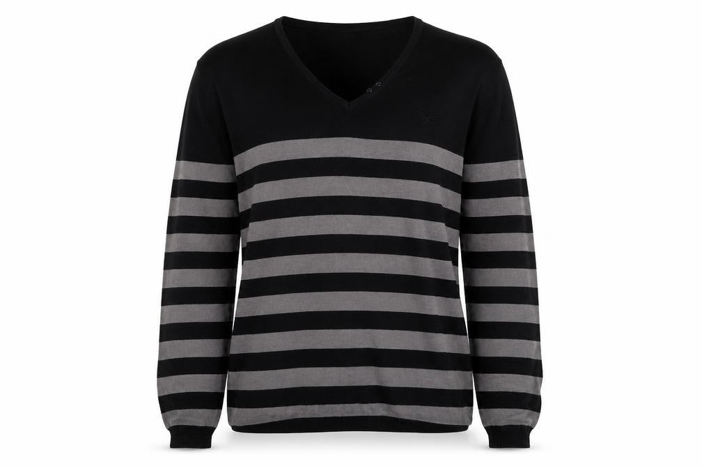 Front view of Across women’s multicoloured v-neck striped cotton jumper, size L