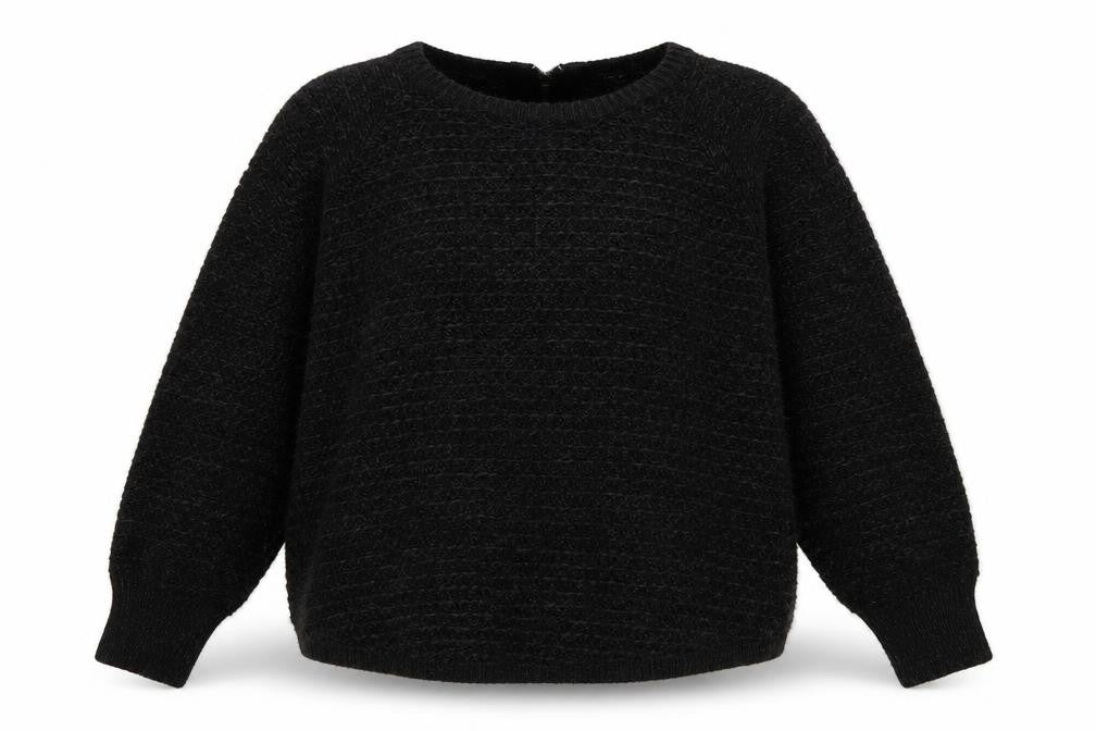 Front view of Goldigga women’s black round neck acrylic jumper, size UK 12