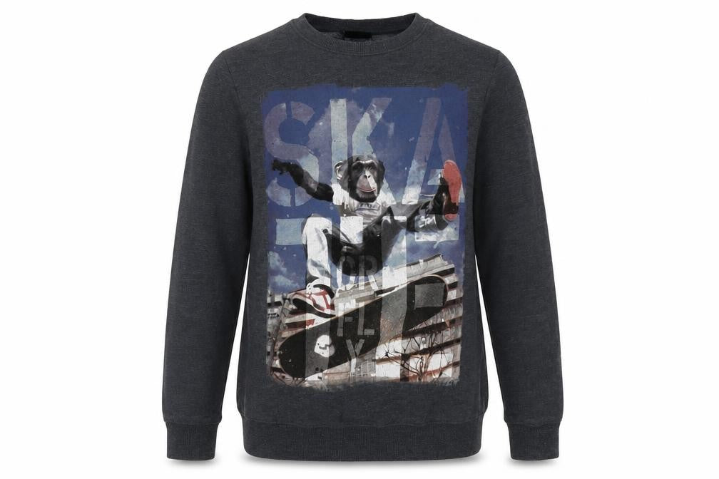 Front view of Next girls’ blue cotton pullover sweatshirt, size 13, years pullover - monkey