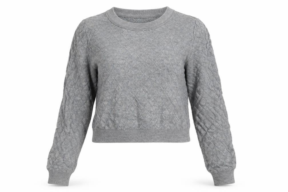 Front view of H&M women’s grey argyle/diamond viscose pullover sweatshirt, size XS, - cropped