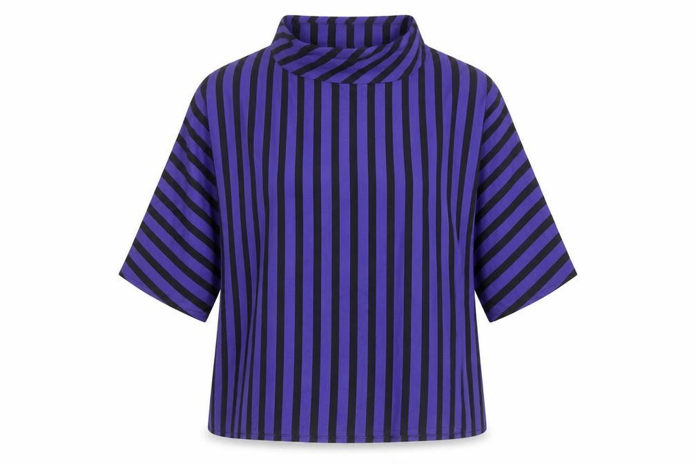 Front view of Ferrand women’s blue striped viscose basic blouse, size UK 12, round neck