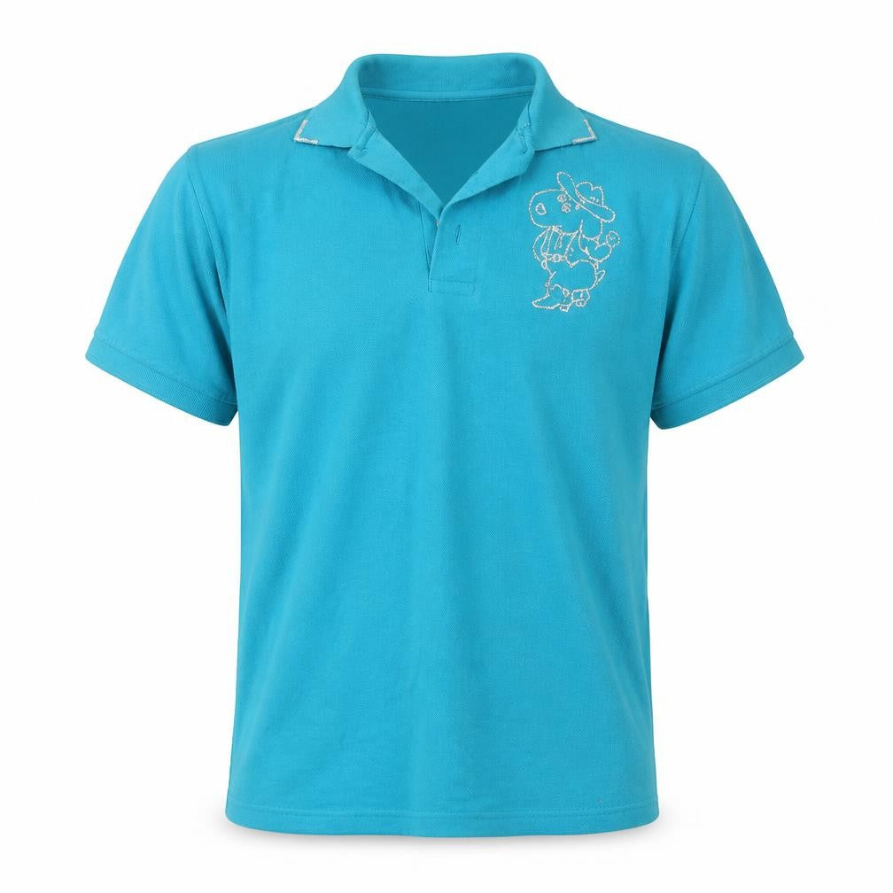 Front view of Kustom Kit women’s blue cotton basic polo, size M, collared - dog