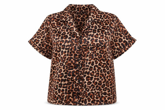 Front view of PRETTYLITTLETHING women’s multicoloured animal print polyester basic button-up, size UK 14, collared