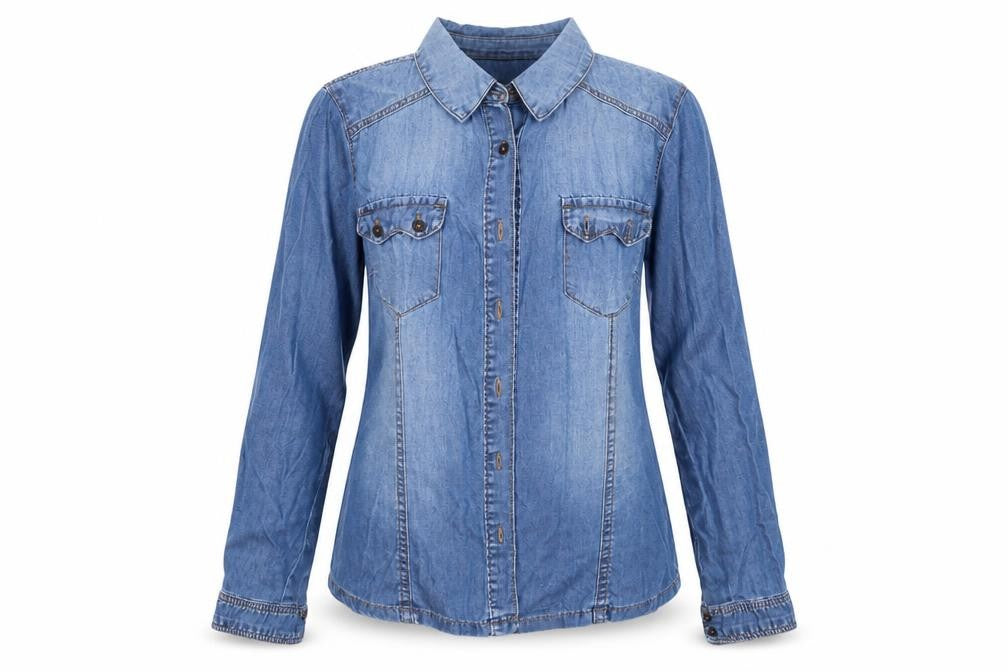 Front view of suitbelanco women’s blue basic button-up, size S, collared