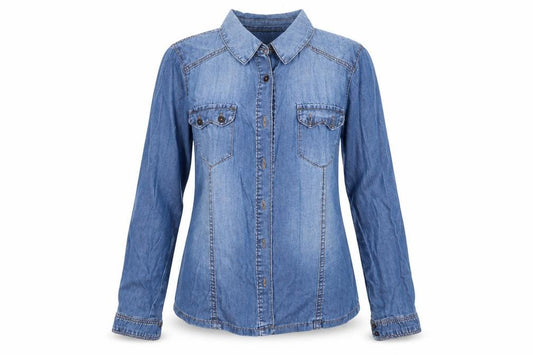 Front view of suitbelanco women’s blue basic button-up, size S, collared