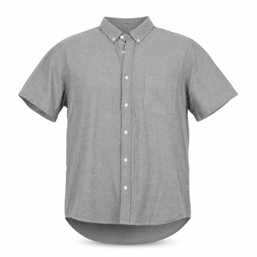 Front view of Burton men’s grey cotton button-up, size L, collared button