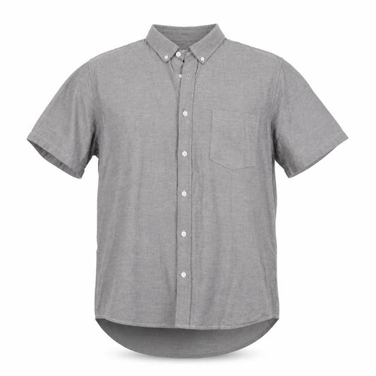 Front view of Burton men’s grey cotton button-up, size L, collared button