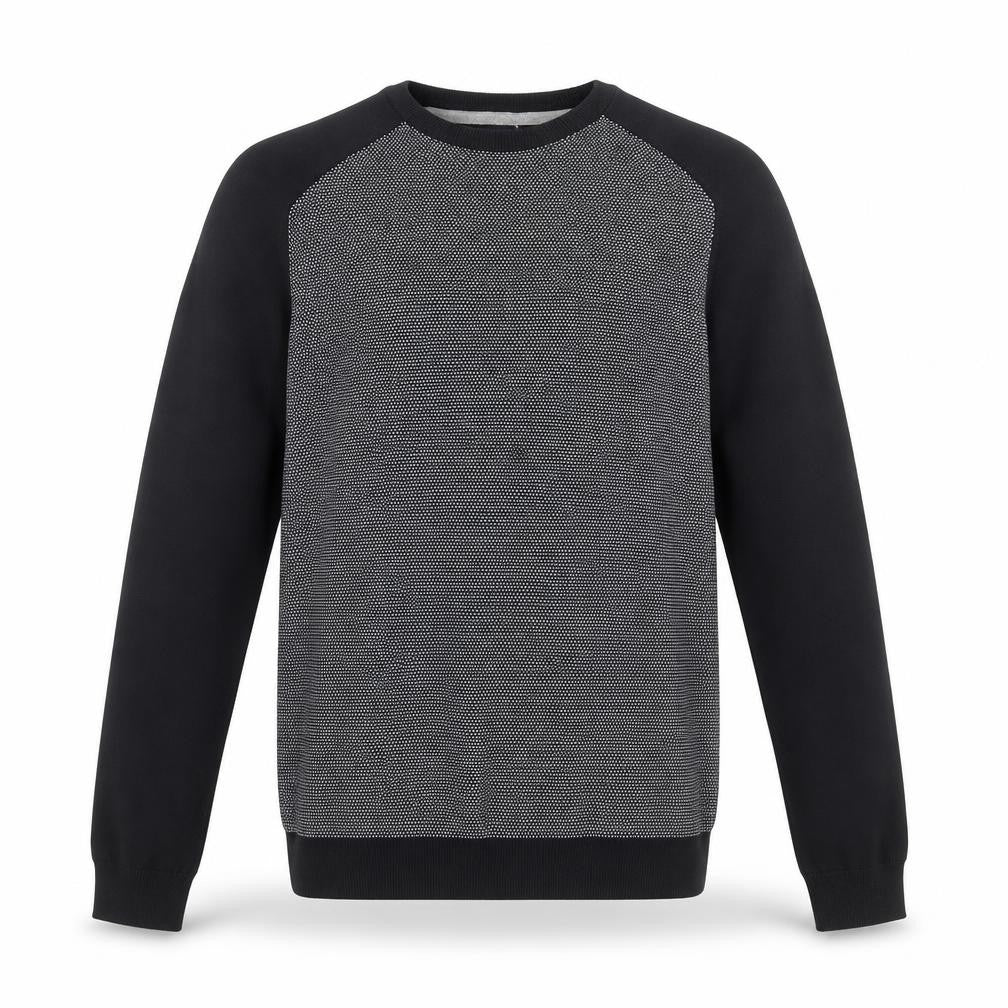 Front view of Easy men’s blue round neck geometric cotton jumper, size L