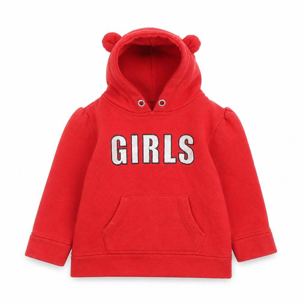 Front view of Preworn girls’ red cotton pullover hoodie, size 2-3, years