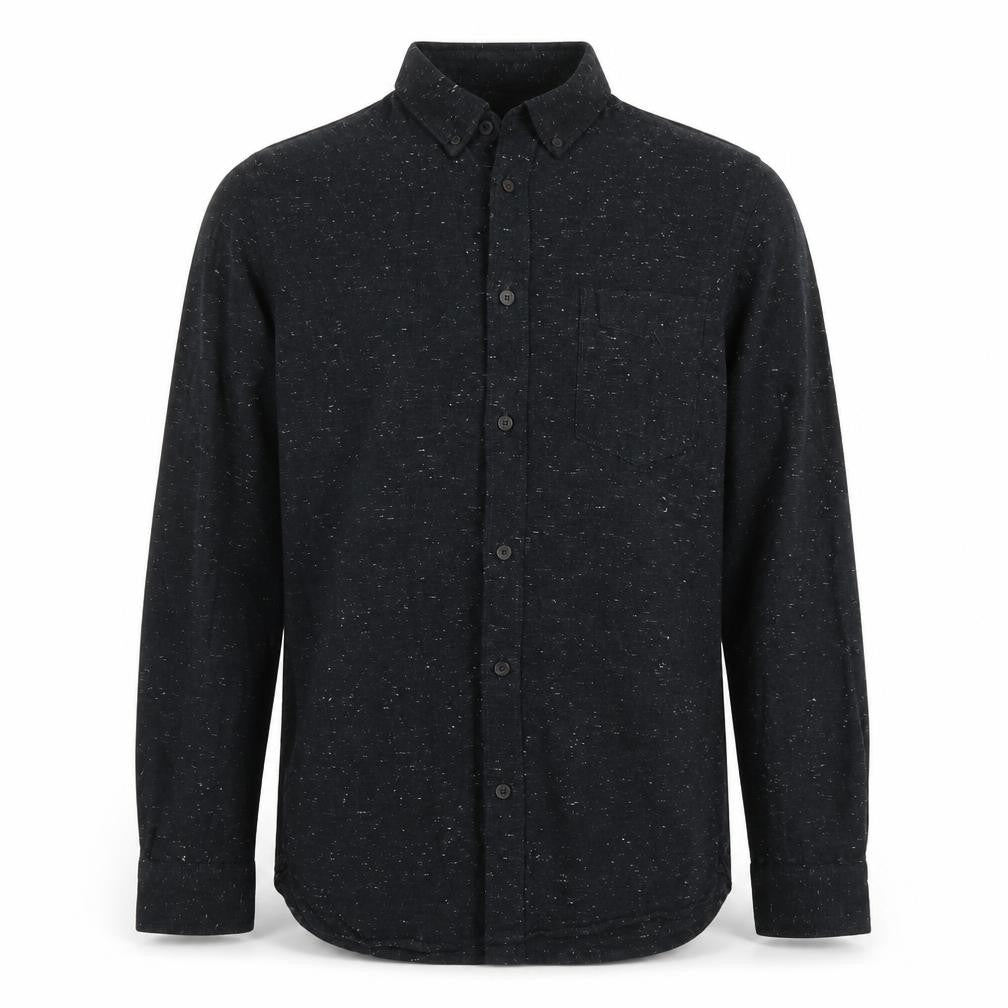 Front view of H&M men’s black cotton button-up, size S, collared button
