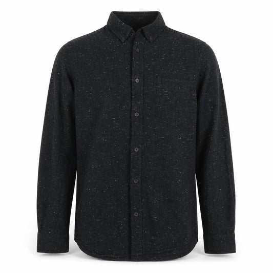 Front view of H&M men’s black cotton button-up, size S, collared button