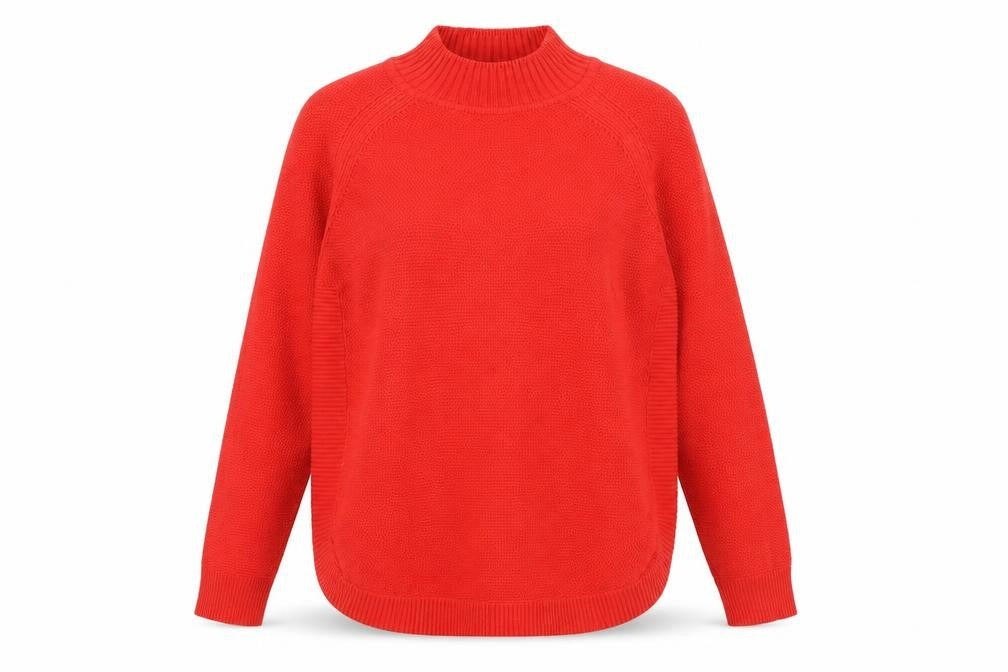 Front view of Warehouse women’s red mock neck acrylic jumper, size UK 10