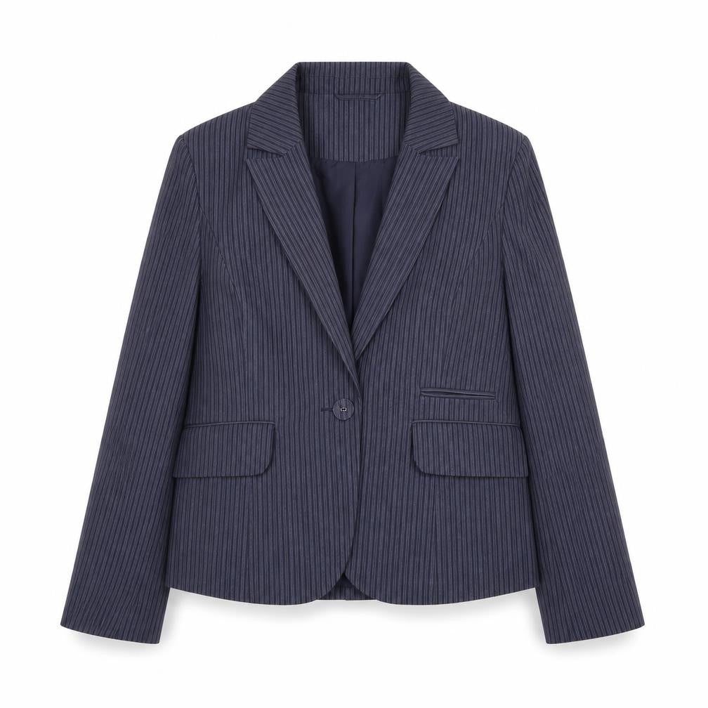 Front view of Primark women’s blue striped cotton jacket blazer, size UK 14