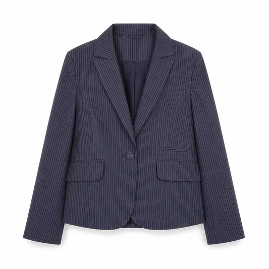 Front view of Primark women’s blue striped cotton jacket blazer, size UK 14