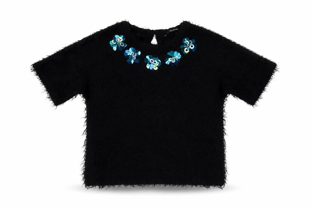 Front view of George girls’ black crew neck polyester jumper, size 6-7, years button