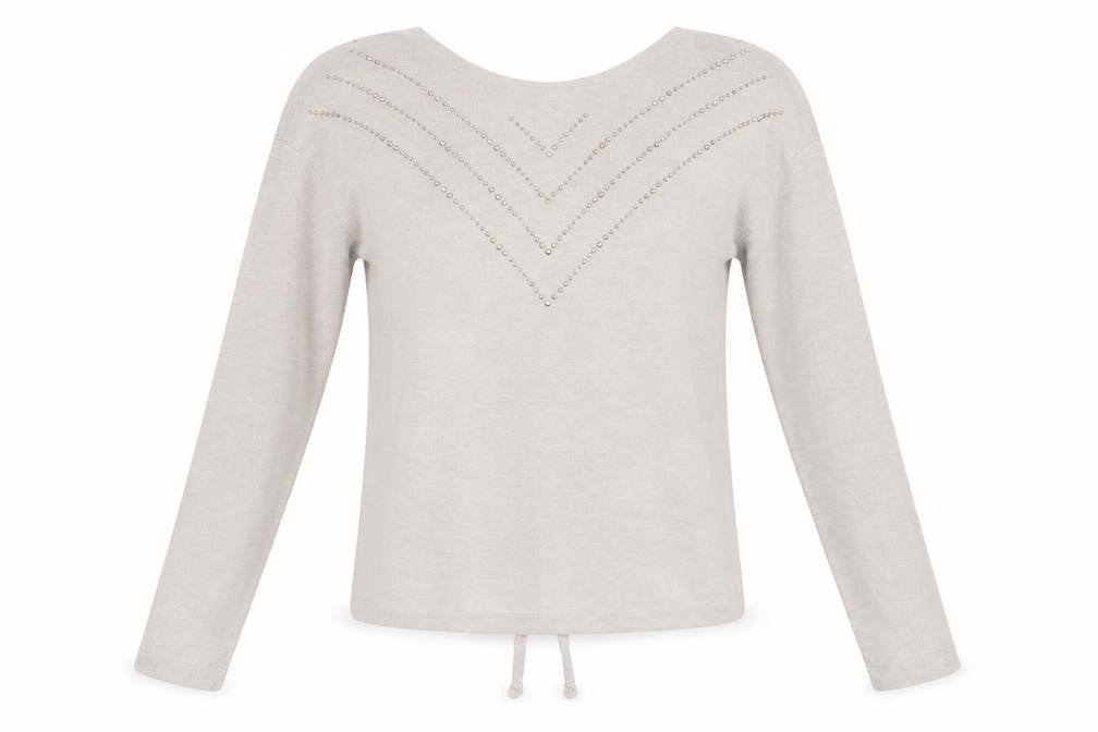 Front view of Next women’s beige v-neck viscose jumper, size UK 8