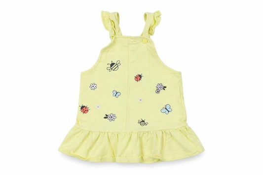 Front view of Nutmeg Baby Yellow Cotton Pinafore/Dungaree Dress, size 9-12, Months Square Neck Button