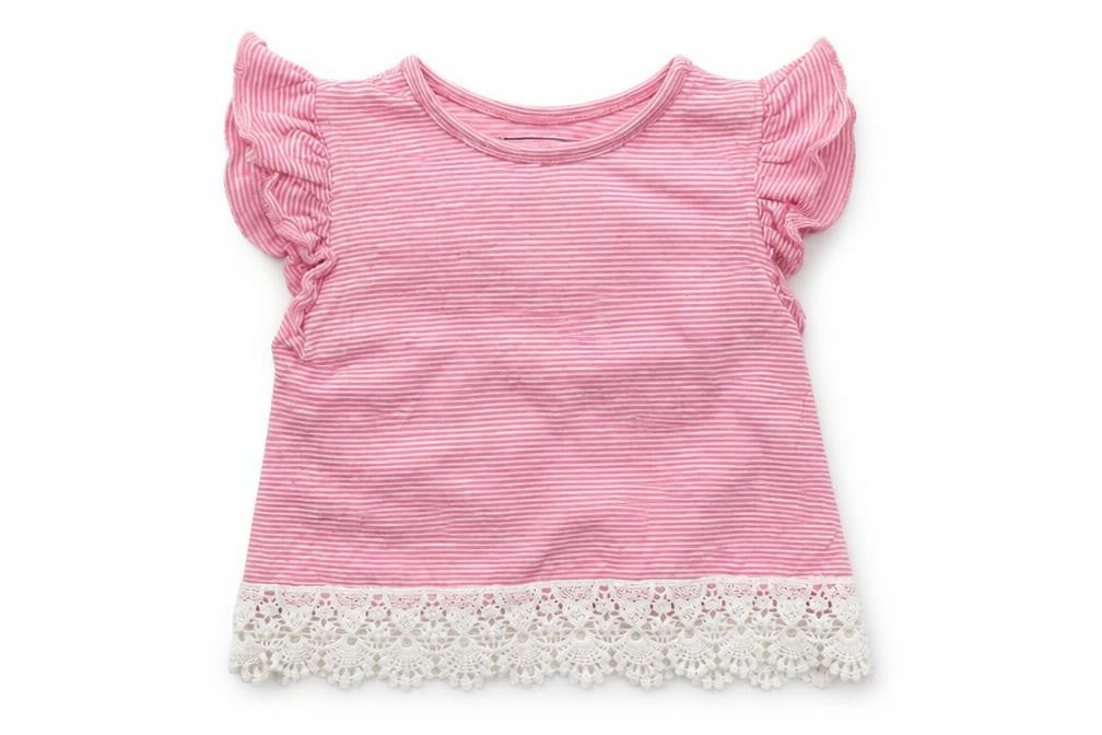 Front view of Primark Baby Pink Striped Cotton Basic Blouse, size 6-9, Months Crew Neck Snap
