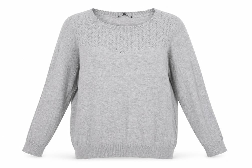 Front view of Laura As women’s grey round neck cotton jumper, size UK 16
