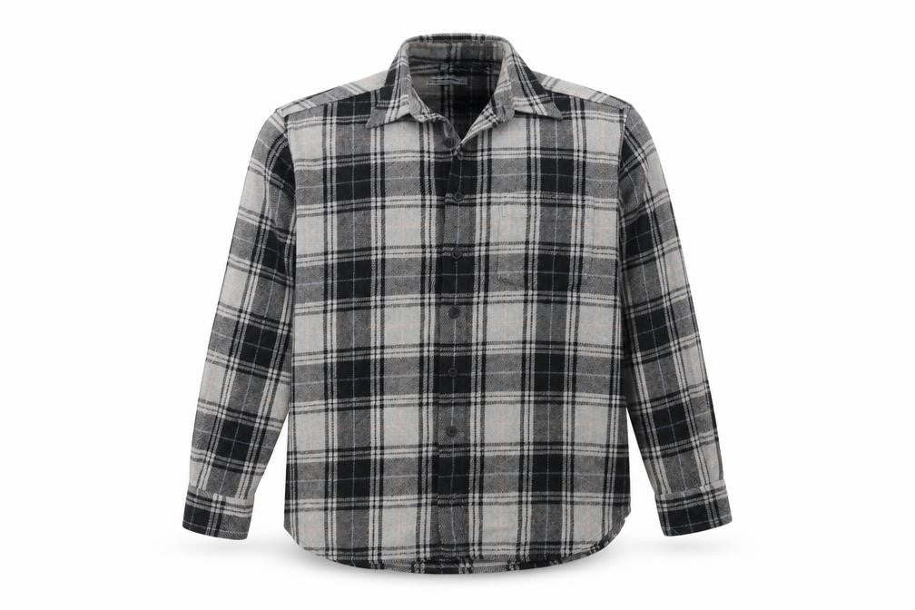 Front view of Le Frog men’s grey check button-up, size M, collared button