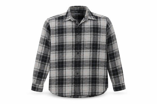 Front view of Le Frog men’s grey check button-up, size M, collared button