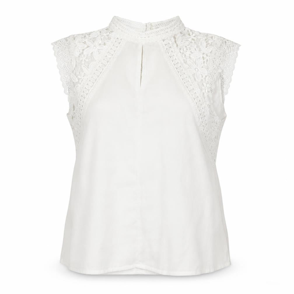 Front view of SHEIN women’s white floral polyester basic blouse, size UK 10, round neck - crochet detail