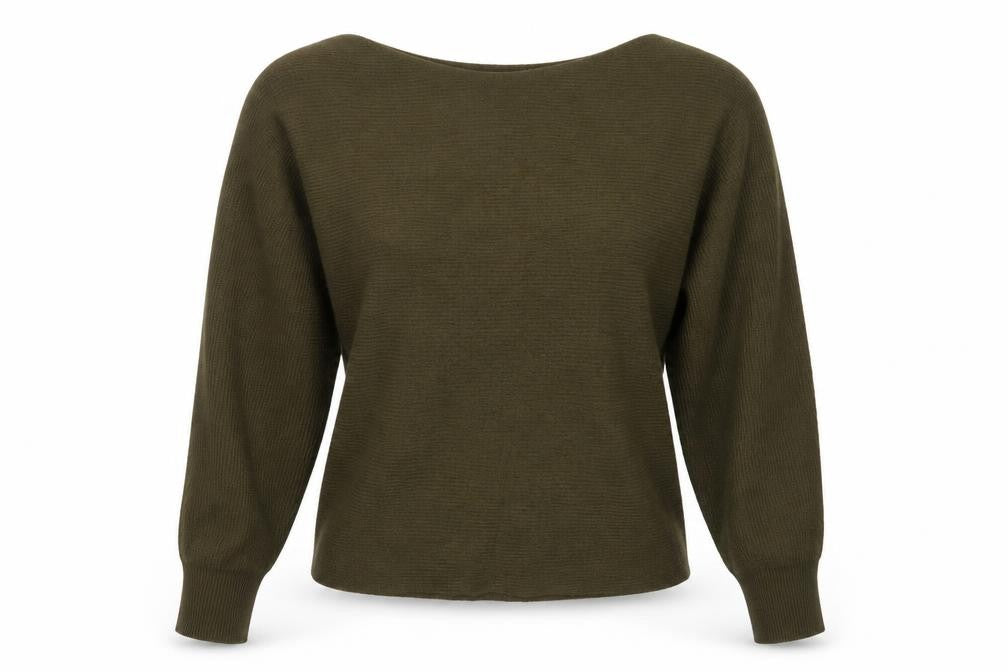 Front view of New Look women’s green boat neck acrylic jumper, size M