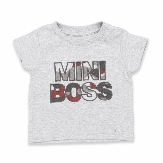 Front view of Nutmeg Baby Grey Cotton Basic T-Shirt, size 0-3, Months Round Neck - mini boss