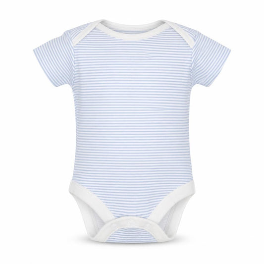 Front view of Nutmeg Baby Blue Striped Cotton Babygrow One-Piece Size Newborn