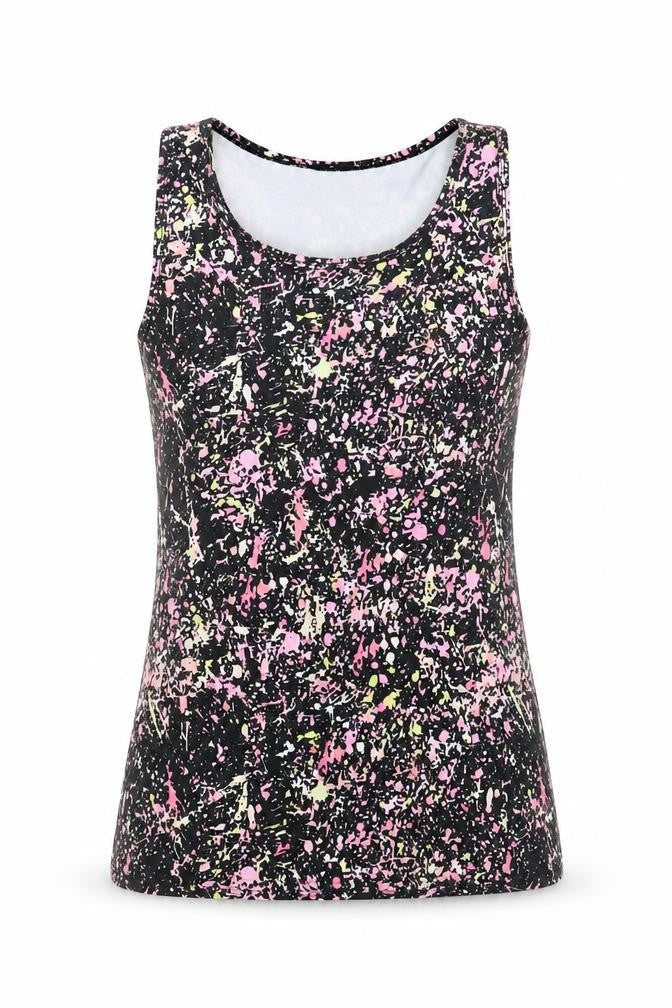 Front view of Primark girls’ black polyester basic tank, size 12-13, years round neck - active wear