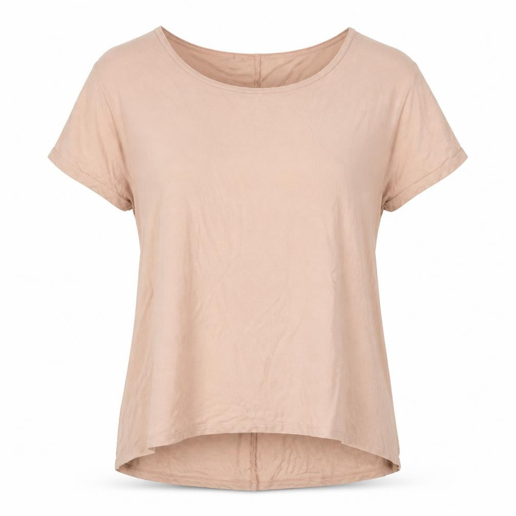 Front view of Primark women’s pink viscose basic t-shirt, size M, crew neck
