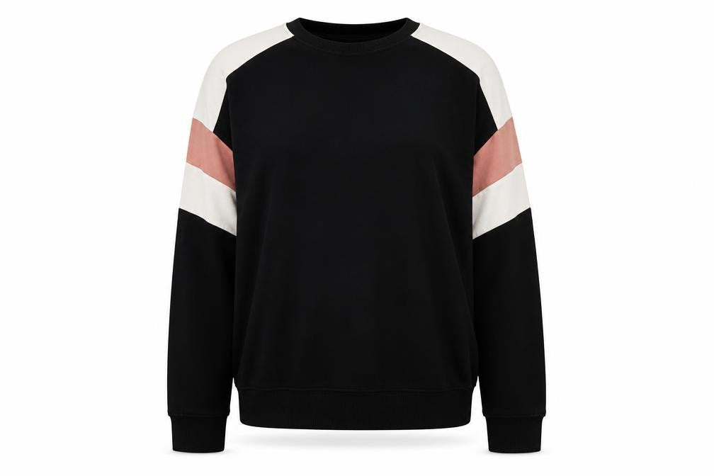 Front view of New London women’s black striped cotton pullover sweatshirt, size S, pullover
