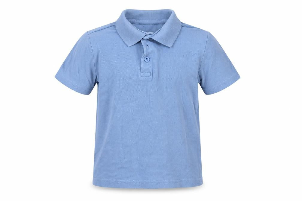 Front view of Matalan boys’ blue cotton pullover button-up, size 5, years collared button - school wear