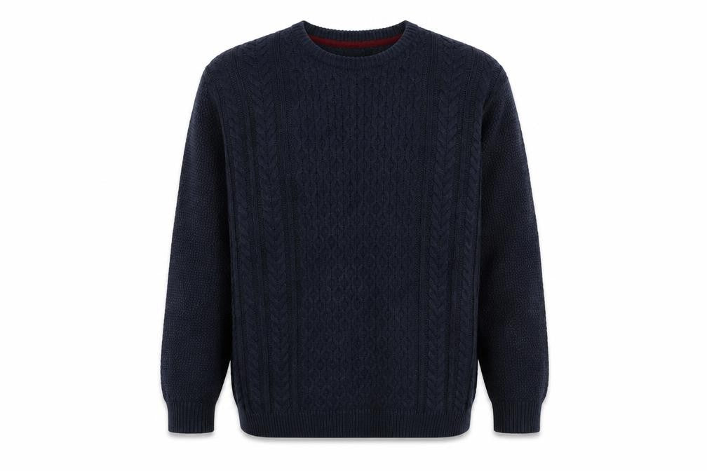 Front view of F&F men’s blue geometric acrylic pullover sweatshirt, size L