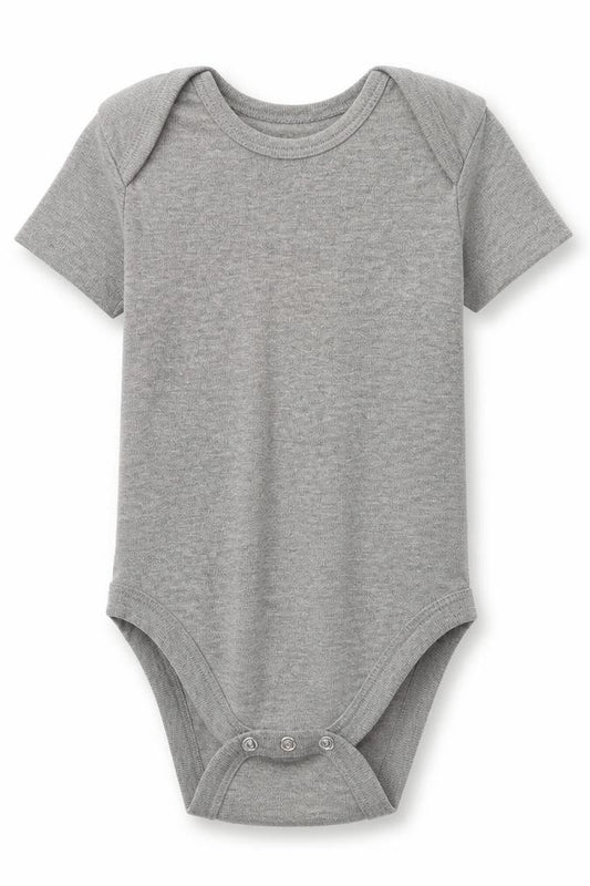 Front view of Pure Baby Baby Grey Cotton Babygrow One-Piece, size 12-18, Months Buckle