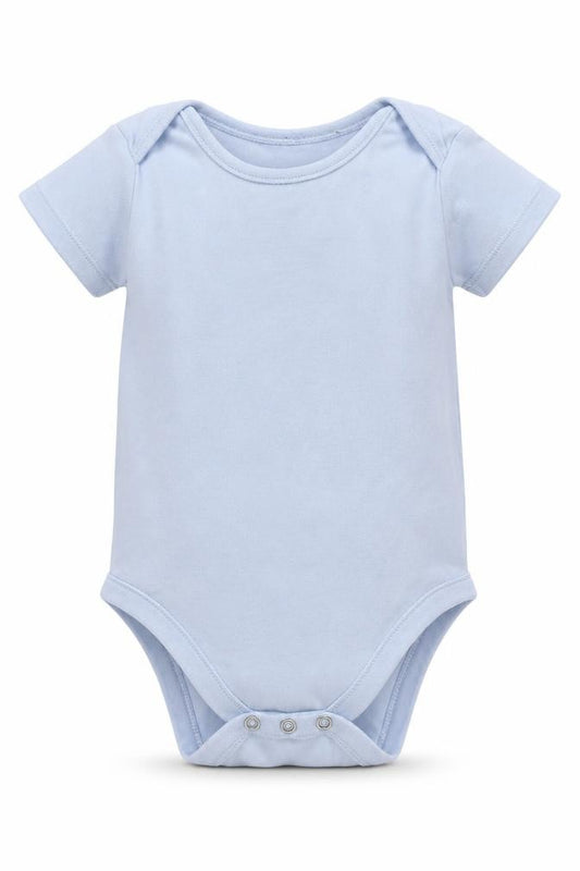 Front view of Nutmeg boys’ beige cotton babygrow one-piece, size 12-18, months buckle
